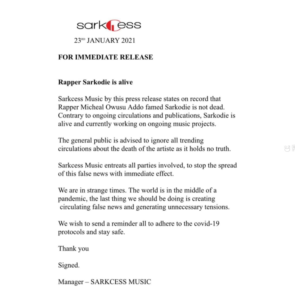Sarkodie's Management Clears Rumor Of The Rapper's Death