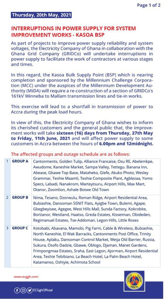 Dumsor Time Table Released For Other Parts Of Accra.