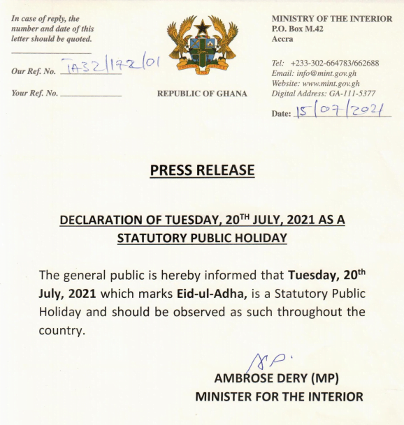 July 20th Declared Public Holiday To Celebrate Eid-ul-Adha