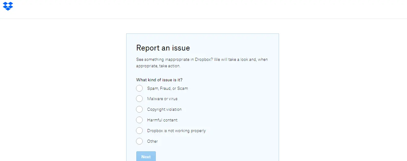 dropbox report an issue